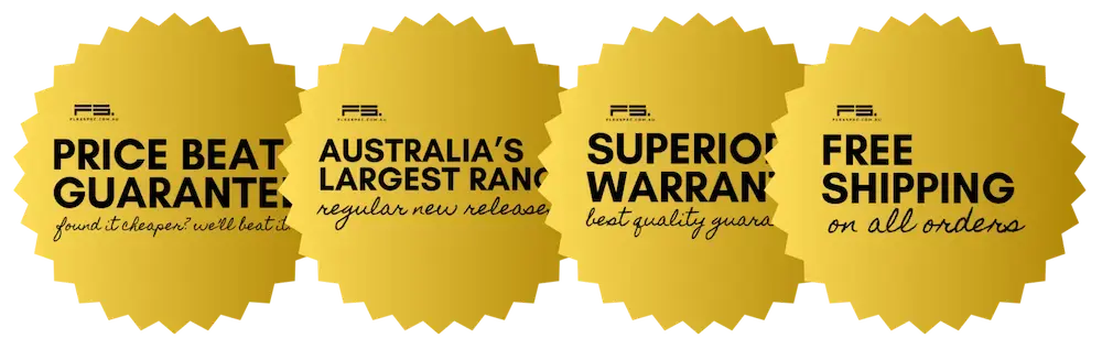 Badges for Price Beat Guarantee, Australia’s Largest Range, Superior Warranty, and Free Shipping by Flexspec.